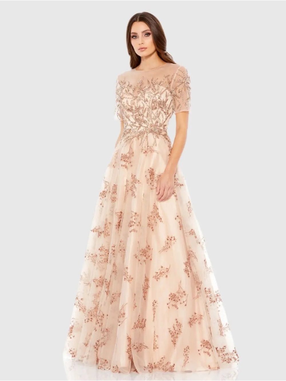 Mac Duggal 79317 Pink Embellished Illusion Short Sleeve A Line Gown Size 6 NWT